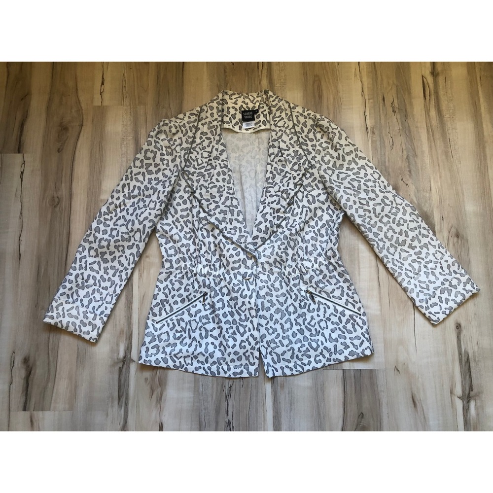 Sharon Young Leopard Print Blazer Gray White Cinched Waist Jacket Light Weight M